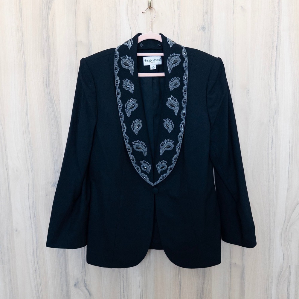 VTG John Meyer Womens Beaded Blazer 18 Black Paisley Wool Formal Classic Boho